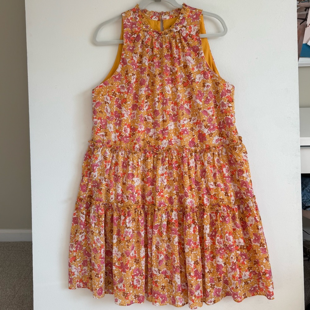 Ann Taylor Floral Tiered High Neck Shift Knee Length Dress Yellow Pink Size L